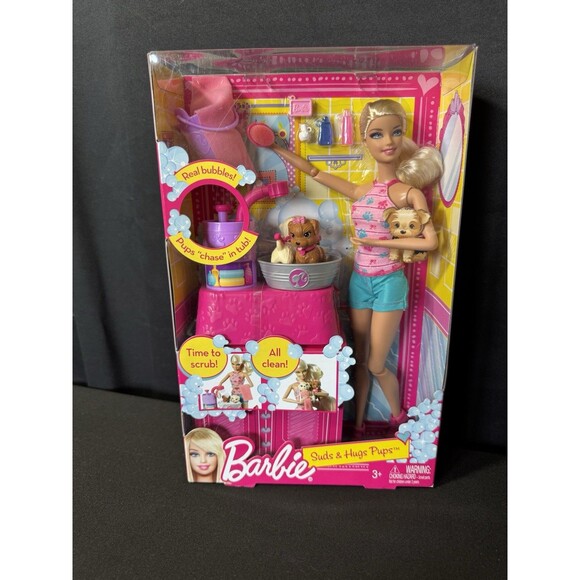 Barbie Doll Suds & Hugs Pups Bubble Scrub Clean Bath Set Accessories Mattel 2011 - Picture 1 of 9